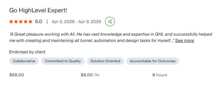 Upwork 5-star review for Ali Hassan on the project: Go HighLevel Expert!
