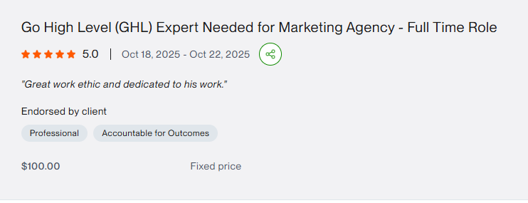 Upwork 5-star review for Ali Hassan on the project: Go High Level (GHL) Expert Needed for Marketing Agency - Full Time Role