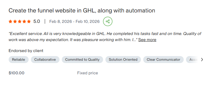 Upwork 5-star review for Ali Hassan on the project: Create the funnel website in GHL, along with automation