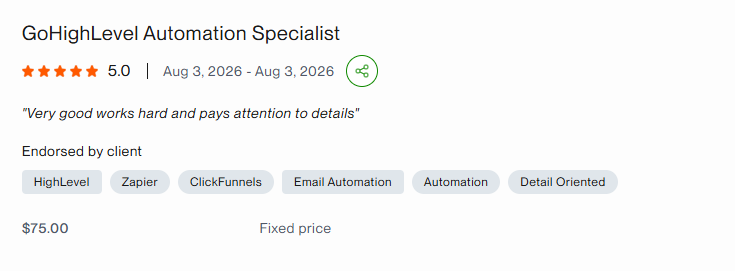 Upwork 5-star review for Ali Hassan on the project: GoHighLevel Automation Specialist