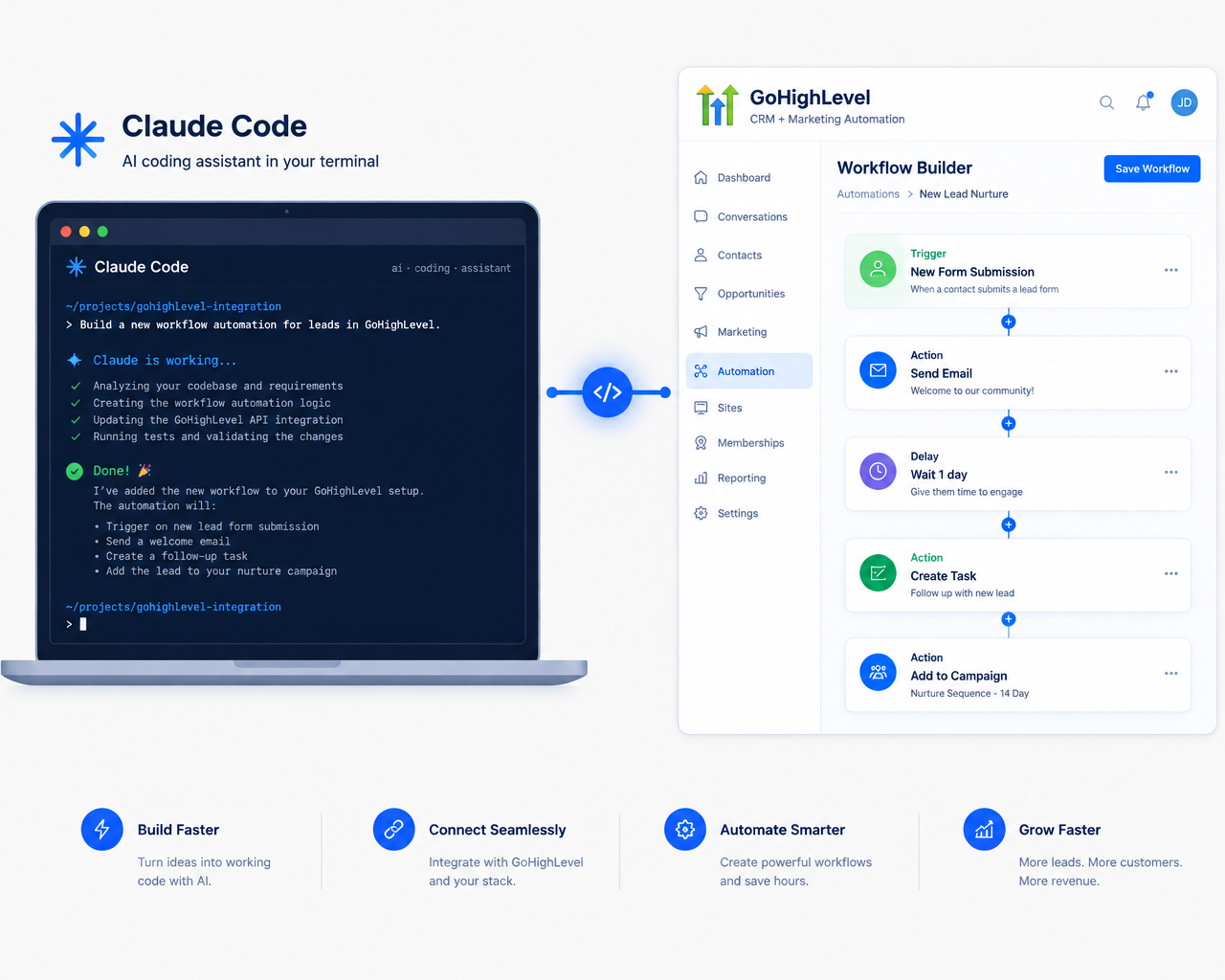Claude Code building a GoHighLevel workflow automation